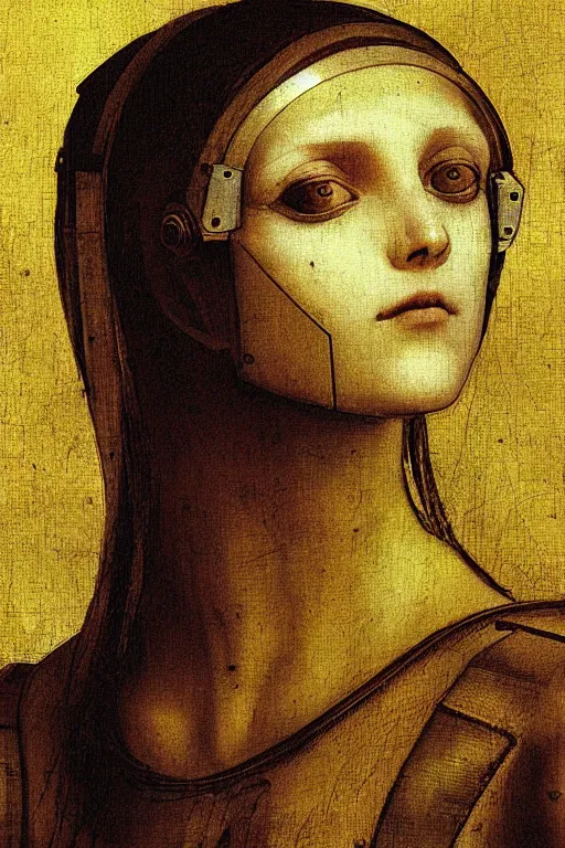 Image similar to a close - up portrait of a cyberpunk cyborg girl, by leonardo davinci, rule of thirds