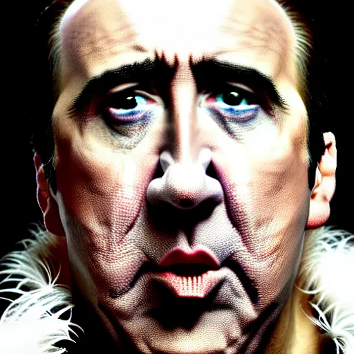 Image similar to uhd candid photo of nicholas cage made out of chickenwire. correct face, accurate face, exaggerated features, intricate details, intricate clown makeup, hyperdetailed, accurate face. photorealistic. photo by annie leibowitz