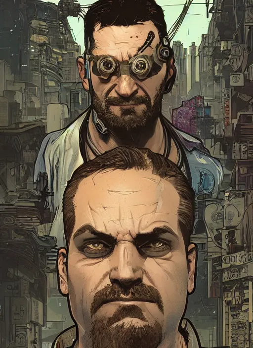 Prompt: cyberpunk pawnshop owner. portrait by ashley wood and alphonse mucha and laurie greasley and josan gonzalez and james gurney. splinter cell, apex legends, rb 6 s, hl 2, d & d, cyberpunk 2 0 7 7. realistic face. character clothing. vivid color. dystopian setting.