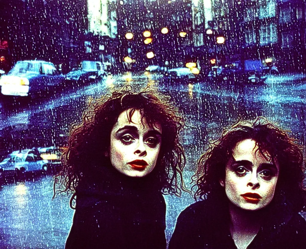 Image similar to closeup of young Helena Bonham Carter on the lower east side, Polaroid, raining!!!, nightime, colorful, 1970s, photorealistic, atmospheric,