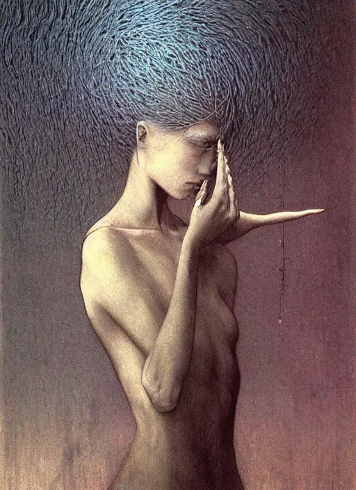 Prompt: girl with short hairs by Beksinski and Luis Royo