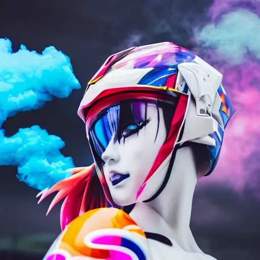 Image similar to extremely beautiful photo of a white marble statue of an anime girl with colorful motocross logos and motorcycle helmet with closed visor, colorful smoke in the background, carved marble statue, fine art, neon genesis evangelion, virgil abloh, offwhite, highly detailed, 8 k, hyperreal