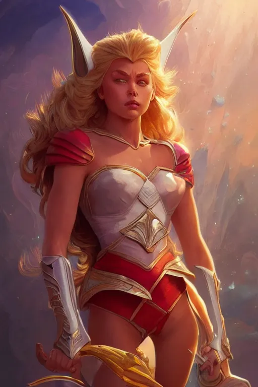 Image similar to ultra realistic illustration, she - ra the princess of power, sci - fi, fantasy, intricate, elegant, highly detailed, digital painting, artstation, concept art, smooth, sharp focus, illustration, art by artgerm and greg rutkowski and alphonse mucha