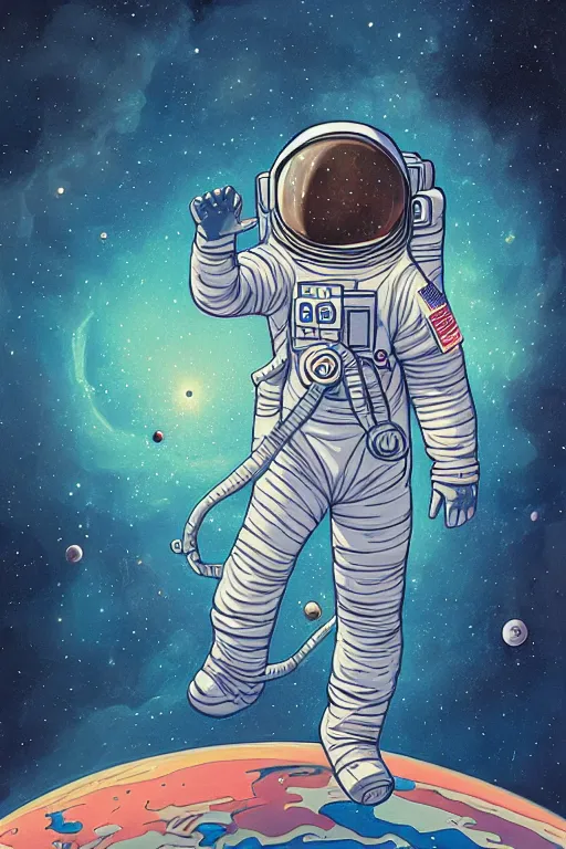 Prompt: an astronaut floating in the sky, the destruction of the universe, planets crashing, highly detailed, digital painting, refreshing, trending on artstation, illustration by james jean