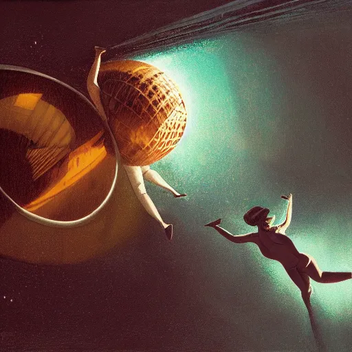 Image similar to woman in flight suit plunging into an abyss, bubbles, currents, dyson sphere, wet reflections, prism, atmospheric, ambient, pj crook, syd mead, livia prima, artgerm, greg rutkowski, nick alm, casey baugh