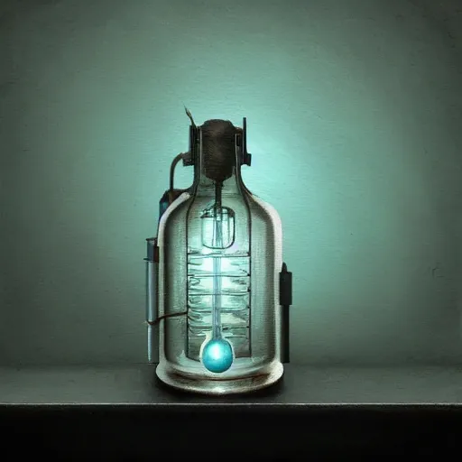 Prompt: a painting of a steampunk light blue potion bottle in a dark dusty vintage science lab, by h. r. giger, hyperrealistic fantasy art, concept matte, ethereal, dreamy, digital art, trending on artstation, volumetric cinematic lighting