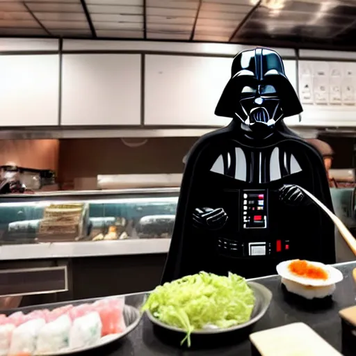 Image similar to darth vader making sushi behind a counter at a sushi restaurant