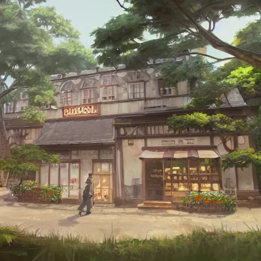 Image similar to concept art painting of a historic bakery with european and japanese architecture, in a woodland village surrounded by trees, realistic, detailed, cel shaded, in the style of makoto shinkai and greg rutkowski and james gurney