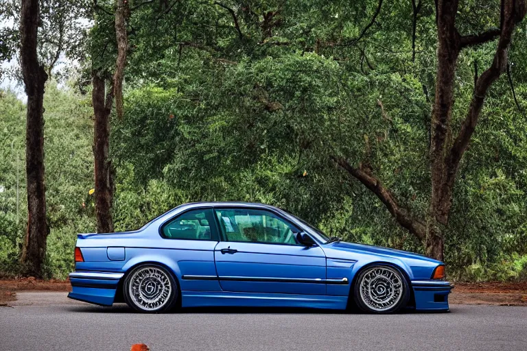 Prompt: A modified blue BMW e36 parked in a road with trees, rainy season, Epic photography, taken with a Leica camera, 500 mm focal length, f/1.5 aperture, depth of field