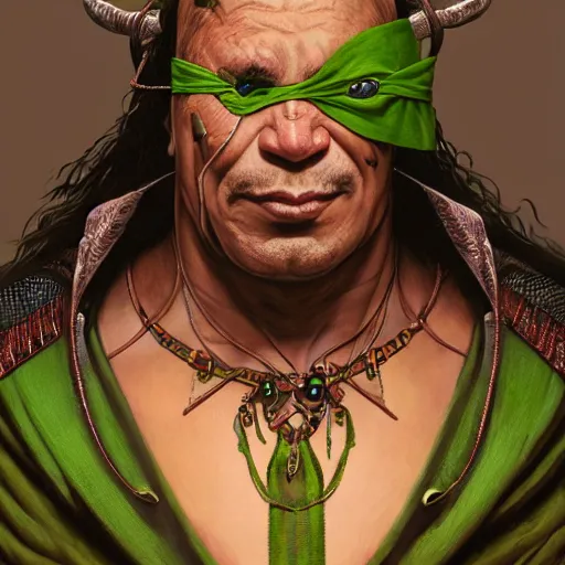 Image similar to “portrait of an orc (green skin) oracle wearing robes and a blindfold, D&D character, highly detailed, digital fantasy character painted portrait, artstation, concept art, sharp focus, illustration, art by artgerm and greg rutkowski and alphonse mucha and craig mullins and James Jean and Andrei Riabovitchev and Marc Simonetti and peter mohrbacher”