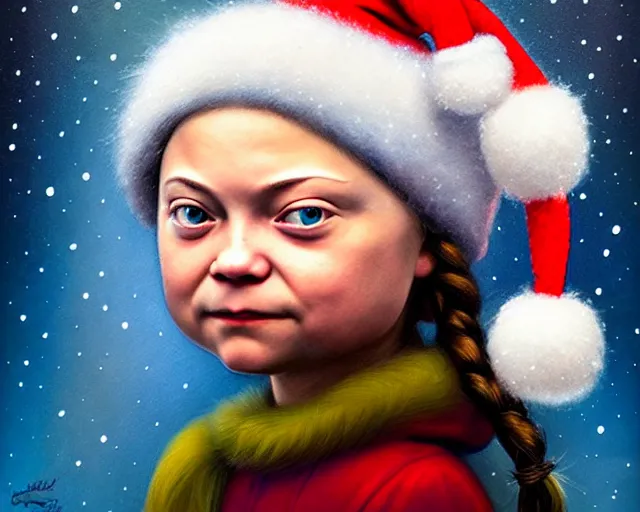 Image similar to closeup profile portrait of greta thunberg as an eskimo, nicoletta ceccoli, mark ryden, lostfish, max fleischer, hyper realistic, artstation, illustration, digital paint, matte paint, vivid colors, bright, cheerful, detailed and intricate christmas environment