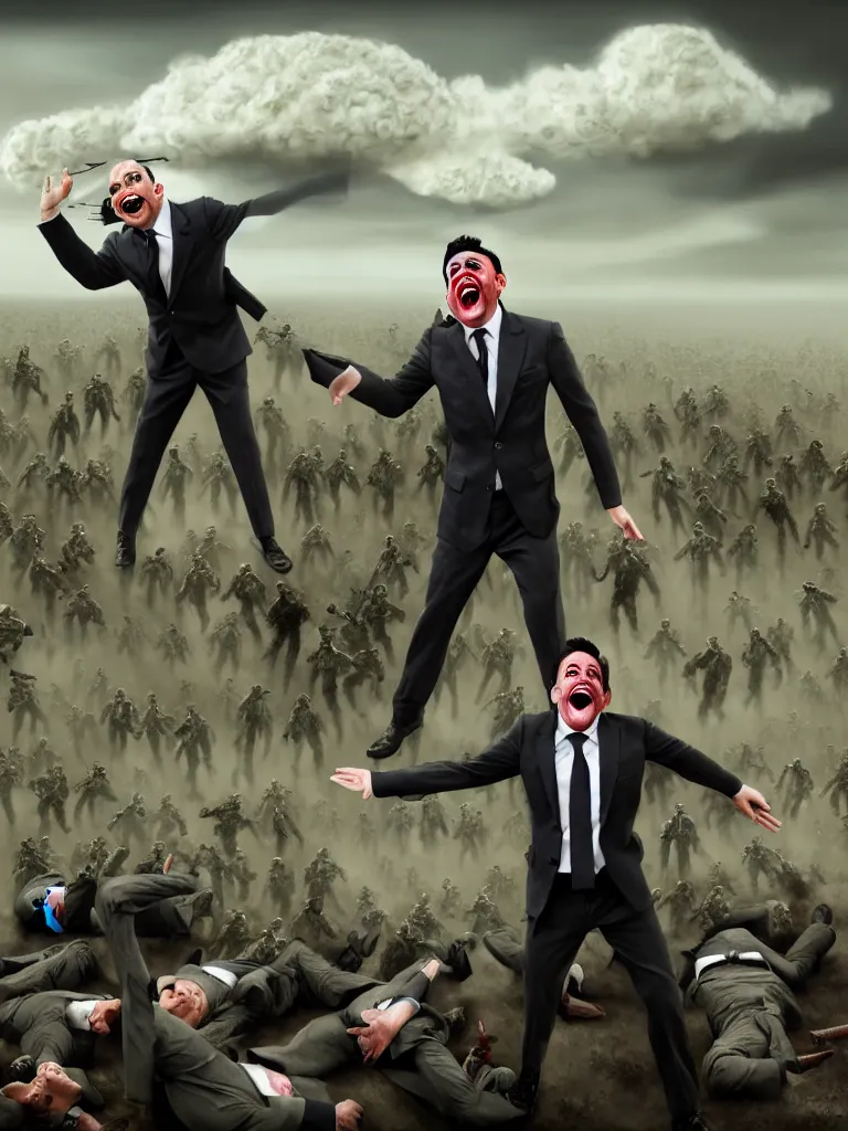 Image similar to a Comedian in suit and tie performing in a battle field with smiling dead bodies on the ground, comedian is funny, performing to dead soldiers, nuclear bomb cloud in far horizon, apocalypse, trending on artstation, artstationHD, hyperdetailed matte painting, highly detailed, digital painting, hyper-realistic, realistic, photo-realistic