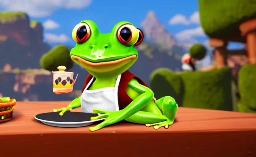 Prompt: ps 4 game about a cute frog chef in italy, unity screenshot,