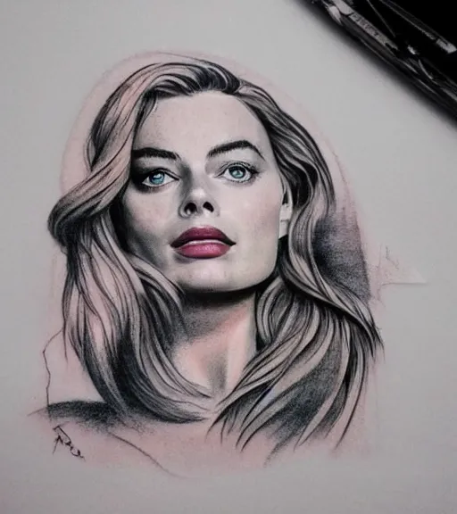 Image similar to tattoo design sketch of margot robbie and beautiful mountain scenery mash up, in the style of matyas halasz, surrealist, amazing detail, sharp