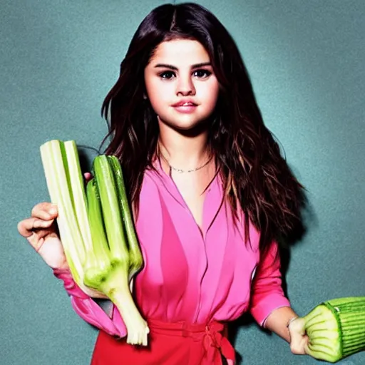 Prompt: selena gomez with celery hands