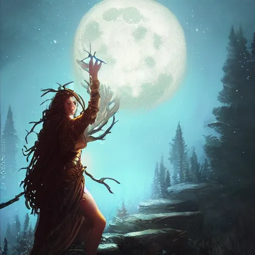 Prompt: female druid casting a spell under a full moon, greg rutkowski, trending on artstation