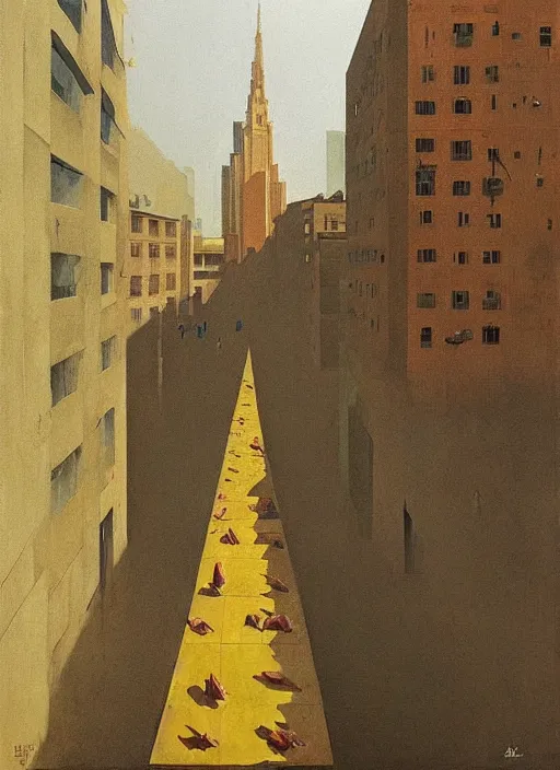 Image similar to woman dressed in paper bags, paper bags over the head on megapolis street, tall buildings, Edward Hopper and James Gilleard, Zdzislaw Beksinski, highly detailed