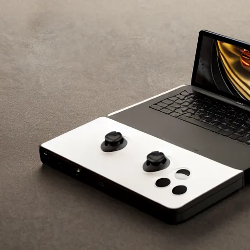 Image similar to if apple designed a game console, product photo, high octane, 4 k