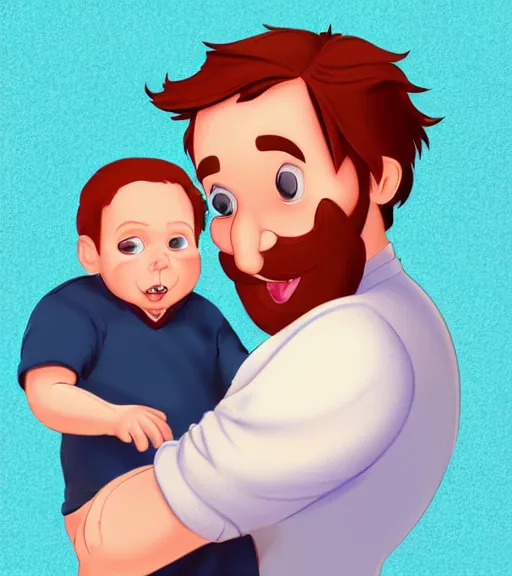 Image similar to a father with short red hair, a short red beard and blue eyes and a slightly chubby face hold his infant son with short brown hair full color digital illustration in the style of don bluth, artgerm, artstation trending, 4 k