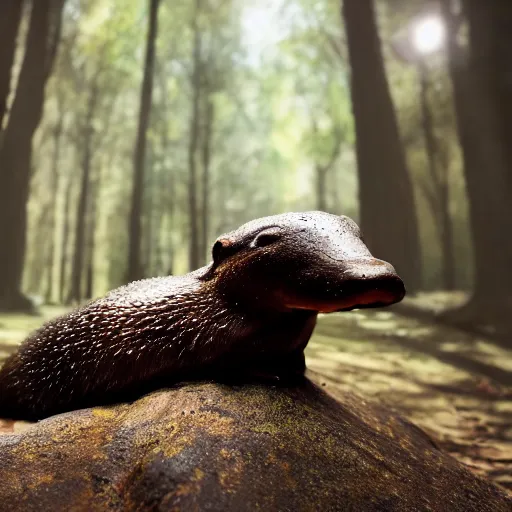 Prompt: detailed photograph of a platypus in a forest, national geographic, realistic, cinematic lighting, 8 k, cute, adorable