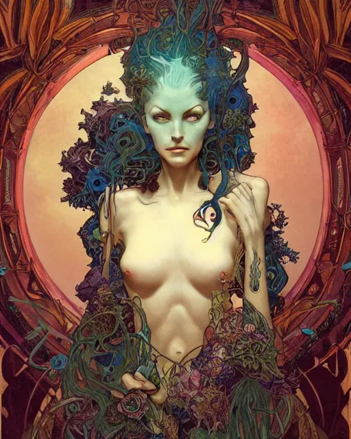 Prompt: centered portrait of a angry rotten beautiful female growing ornamentation all around, ornate, ornaments, detailed, symmetrical, elegant, beautifully soft lit, by wayne barlowe, peter mohrbacher, kelly mckernan, alphonse mucha