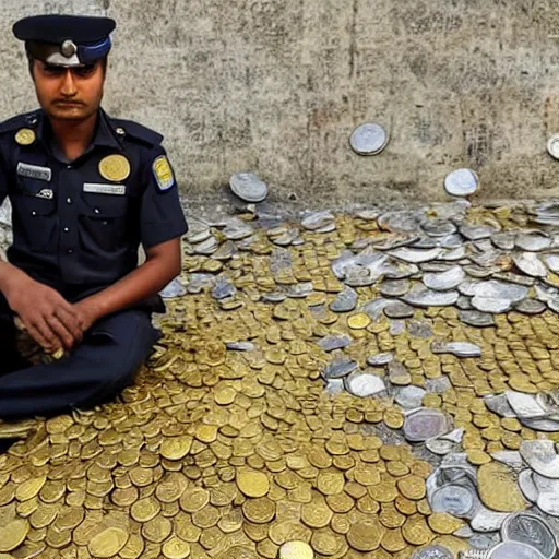 Image similar to photograph of a corrupted Bangladeshi Police officer sitting on a huge pile of cash, gold and coins