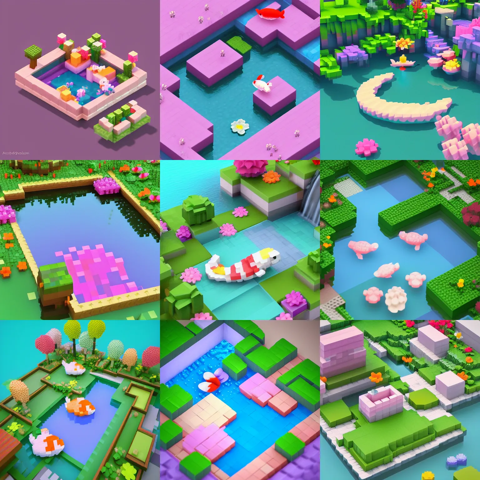 Prompt: pastel cute voxel art of a koi pond, behance, artstation, cute, Japanese, 3d render
