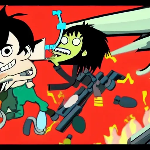 Prompt: Youtube Thumbnail, highly detailed, Gorillaz, Murdoc is being attacked by a squid, Noodle is firing an assault rifle, 2-D is cowering in the background