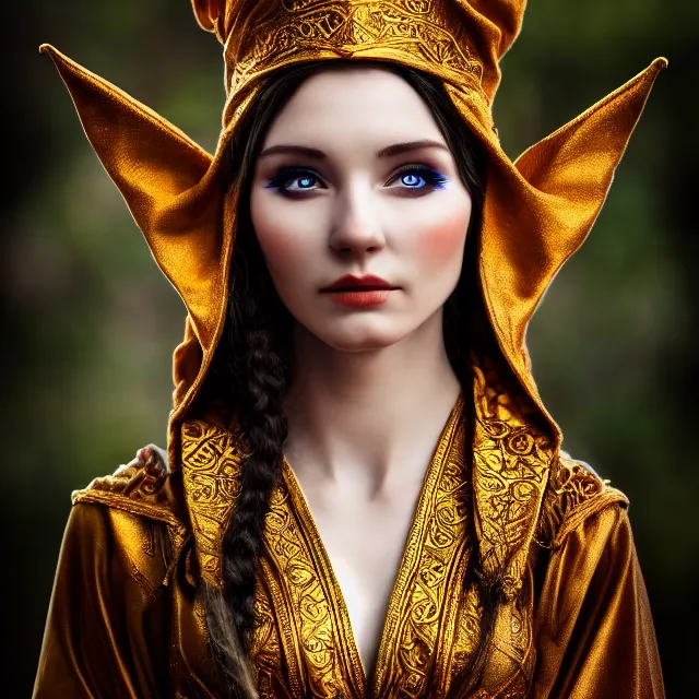 Image similar to beautiful elf with ornate robes, highly detailed, 8 k, hdr, smooth, sharp focus, high resolution, award - winning photo