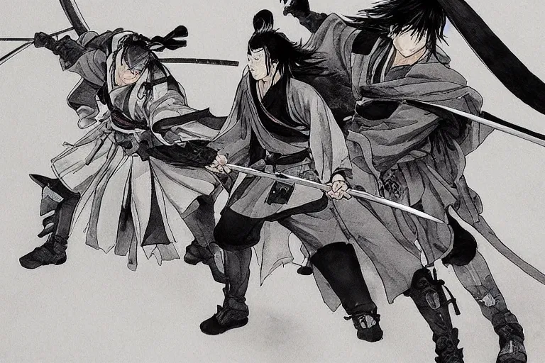 Image similar to epic and cinematographic samurai duel, by takehiko inoue and Hiroshi Hirata