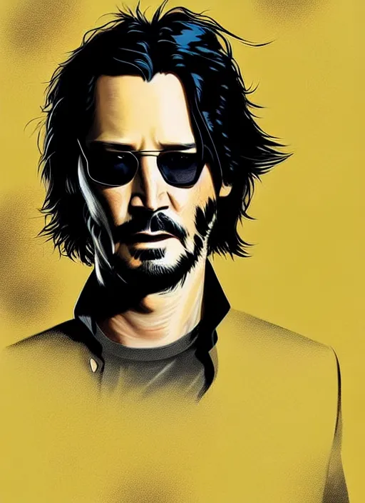 Image similar to highly detailed closeup portrait of cool keanu reeves, wavy hair, jhonny depp, black suit by atey ghailan, by greg rutkowski, by greg tocchini, by james gilleard, by joe fenton, by kaethe butcher, gradient yellow, black and white color scheme, grunge aesthetic!!! ( ( graffiti tag wall background ) )