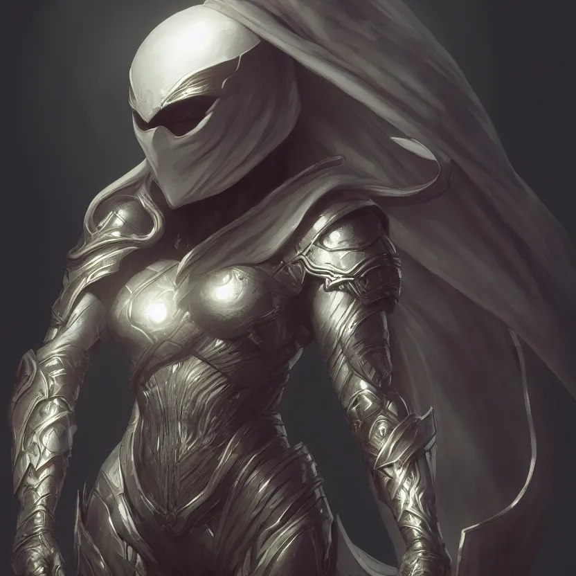 Image similar to female moon knight, hyper detailed, digital art, trending in artstation, cinematic lighting, studio quality, smooth render, unreal engine 5 rendered, octane rendered, art style by klimt and nixeu and ian sprigger and wlop and krenz cushart