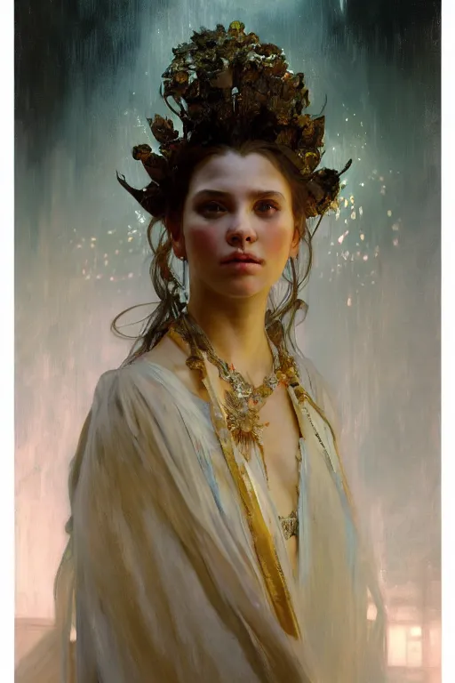 Image similar to hyperrealist portrait of a girl emperorit is decorated with long robes that fall like stars. by jeremy mann and alphonse mucha, fantasy art, photo realistic, dynamic lighting, artstation, poster, volumetric lighting, very detailed faces, 4 k, award winning