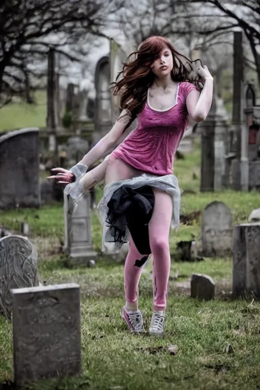 Image similar to egirl doing a shuffle dance in an abandoned graveyard, aesthetic!! highly symmetric body parts, clean composition, outdoor lighting, beautiful highly symmetric face, gazing eyes