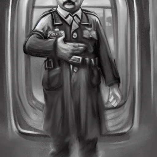 Image similar to hitler as midget standing in train station, portrait, artstation, concept art by greg rutkowsk