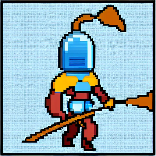 Prompt: A knight in a blue armor wearing a horned helmet and carrying a shovel, 40x40 pixel game asset