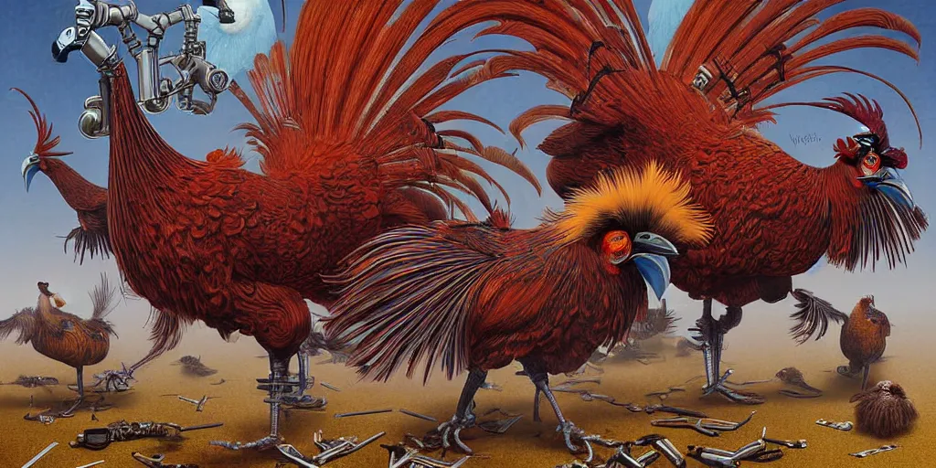 Prompt: digital painting of angry mechanical roosters fighting, by wayne barlowe and bob pepper and karl wilhelm de hamilton, dieselpunk, steampunk, highly detailed, intricate, sharp focus, portrait, talons, anatomy, beak, wings