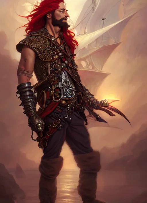 Prompt: upper body shot of male pirate, D&D, handsome, fantasy, intricate, long hair, steampunk airship in backdrop, steampunk, red hair, elegant, highly detailed, digital painting, artstation, concept art, smooth, sharp focus, illustration, art by artgerm and greg rutkowski and alphonse mucha