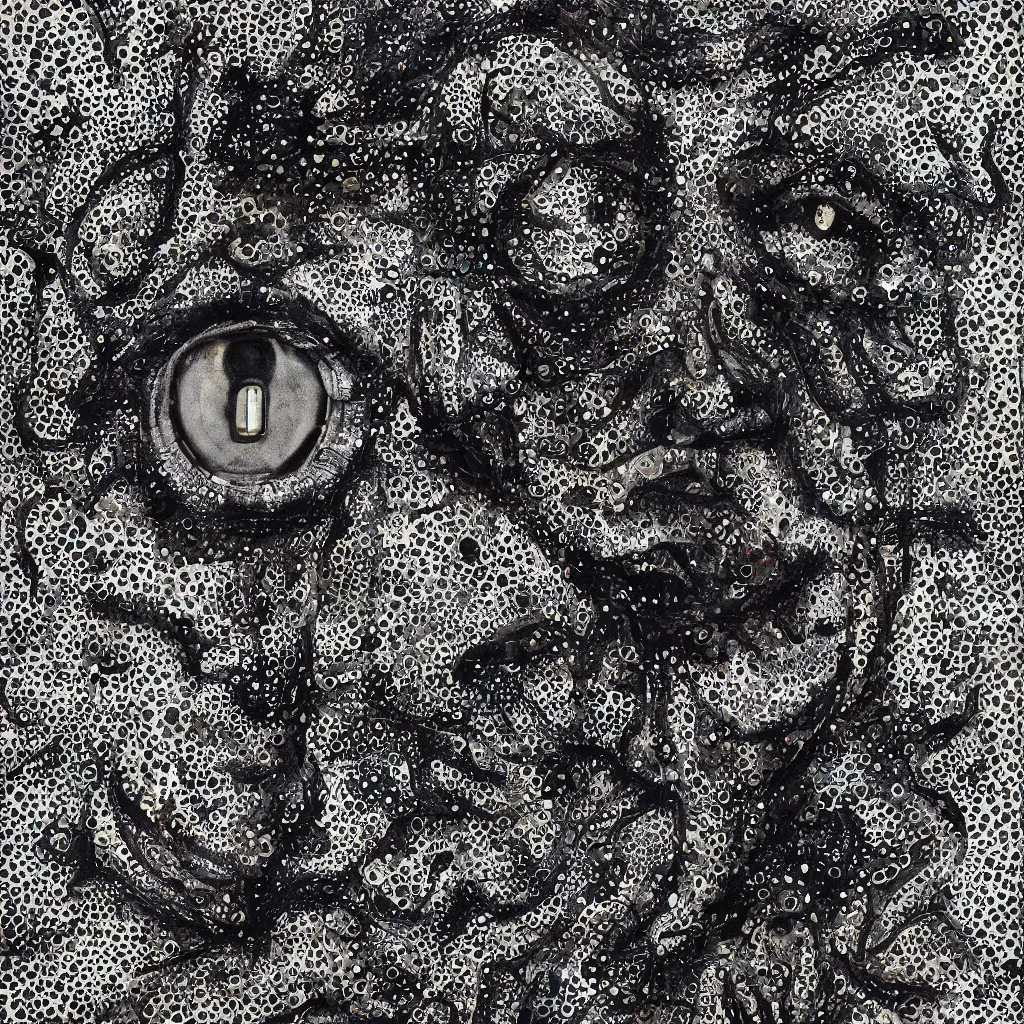 Image similar to camo made of eyes, technical, acrylic, teeth, eerie, tribal, clay, dotting, lines, stipple, points, cybernetic, style of old painting, francis bacon art, rei kawakubo art, hypnosis, eerie, terror, oil, neon, black and white background, splotches, colorful dots, ominous, terror, teeth, smiles