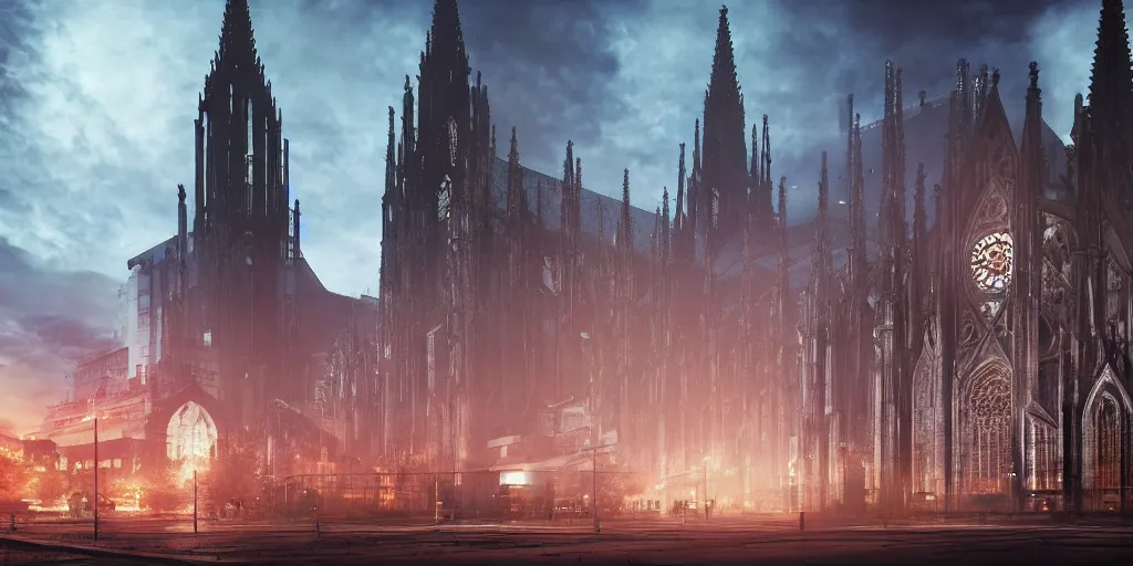 Image similar to wide shot, photorealistic art of a cyberpunk punk and steampunk Cologne Cathedral, city concept, dynamic lighting, hyper realistic, cinematic, realism