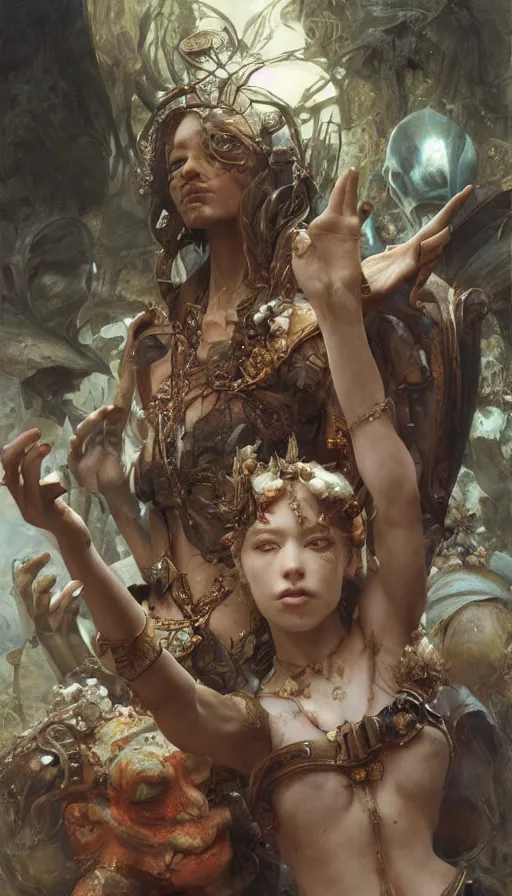 Image similar to epic masterpiece carnivale, sweaty skin, hyperrealistic, octane render, cinematic, beautiful face and flawless skin, perfect hands, 5 fingers, by Edgar Maxence and Ross Tran and Michael Whelan, Legends of Runeterra