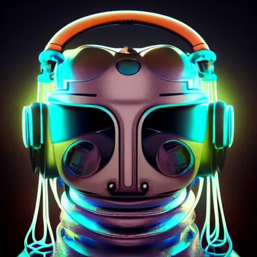 Image similar to a glossy claymodel of a steampunk robot head with glowing futuristic steampunk headphones, 8 k, symetrical, flourescent colors, halluzinogenic, multicolored, insanely detailed, black background, 3 d render,