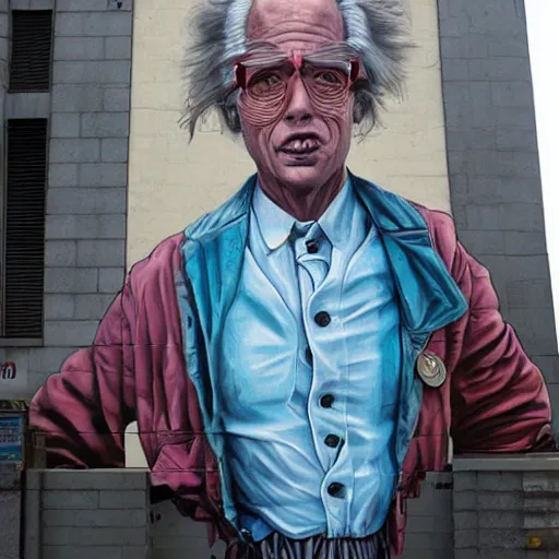 Prompt: Street-art portrait of doctor Emmett Brown from back to the future movie in style of Etam Cru