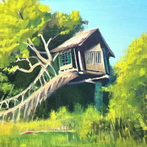 Image similar to treehouse in the countryside on a sunny day, peaceful, dreamy, brush strokes, oil painting