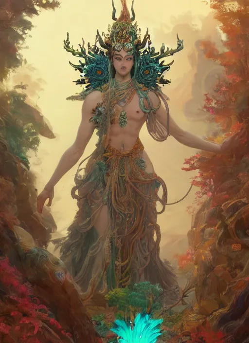 Prompt: Gigantic Stone Deity with a halo made of fluorescent mushrooms and antlers, flowing robes and peacock feathers, extremly detailed digital painting, in the style of Fenghua Zhong and Ruan Jia and jeremy lipking and Peter Mohrbacher, mystical colors, rim light, beautiful lighting, 8k, stunning scene, raytracing, octane, trending on artstation