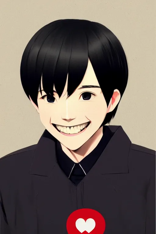 Image similar to a headshot of a very happy yoongi gummy smile - short black hair wearing male school uniform, sharp focus, illustration, morandi color scheme, art station, high detailed, by ilya kuvshinov, gorillaz art