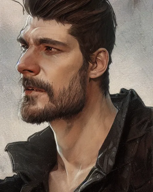 Prompt: '' Face portrait of a handsome half-dragon with a black leather coat, short hair , fantasy, d&d, high detail, digital painting, artstation, concept art, sharp focus, illustration, art by greg rutkowski and alphonse mucha ''