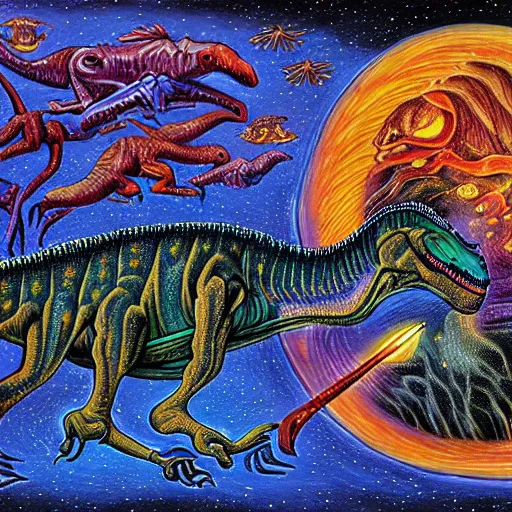 Image similar to painting of the extinction of the dinosaurs with asteroid and fire, in the style of alex grey