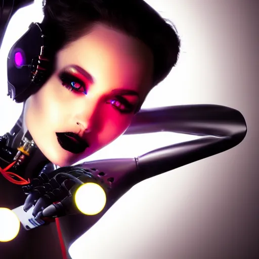 Prompt: an immaculate octane redshift high key lighting headshot rendering of an attractive curvy cybernetic goth woman with embedded LEDs, a cybernetic eye, and an exoskeleton.