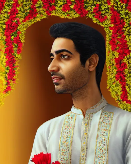 Prompt: a guy in a kurta waiting for his love to come, holding flowers, art by salman toor. faithfully depicted facial expression, perfect anatomy, sharp focus, global illumination, radiant light, detailed and intricate environment, trending on artstation